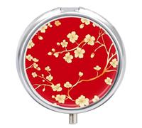 Chinese New Year Floral Portable Pill Organizer with 3 Compartments Round Medicine Box Compact Travel Pharmacy Case