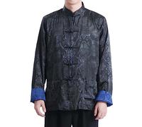 Chinese New Year Men Traditional Tang Jacket Kung Fu Wing Chun Uniform Wedding Party Long Sleeve Top Coat, 50# Black/Blue, L