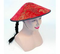 Chinese New Year Red Coolie Hat With Plait Fabric Oriental Cone China Party