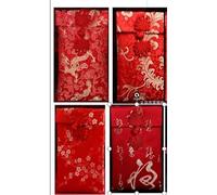 Chinese New Year Silk Red Envelopes 4 Design Spring Festival Lucky Money Pocket Traditional Red Gold Patterned Hong Bao for Party Wedding Chinese Lunar Year Supplies, 4.1 x 7.5In, 4 Pack