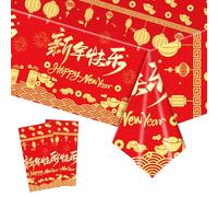 Chinese New Year Tablecloth Party Plastic Spring Festival Tablecloths,2pcs 137 * 274cm Happy New Year Party Dinner Tablecover Red Blessing Table Cloth Party for New Year 2025 Chinese Party Decorations