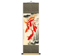 Chinese Nine Fish Scroll Painting, Handmade Silk Hanging Art, Oriental Feng Shui Mural Wall Decor, Creative Gift Idea(Retro A,158 * 50cm)