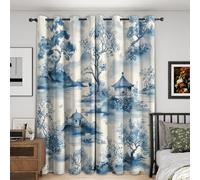 Chinese Oriental Curtains 52 x 63 Inch 2 Panels, 95% Blackout, Chinoiserie Landscape Curtains for Bedroom, Living Room, Home Decor, Thermal Insulated Eyelet Window Drapes RD32
