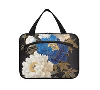 Chinese Painting Blue White Peony Flower Golden Details Hanging Kits for Men with Hook, Designer Accessories Bag with compartments for Women Travel Cruises Porta cosmeticos Mujer para cartera