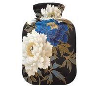 Chinese Painting Blue White Peony Flower Golden Details hot Bottle Water Bag with Soft Cover, 1L hot compresses for The Body for Tummy Warmer, Neck and Shoulder Pain Relief, Bolsa Caliente para