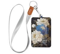 Chinese Painting Blue White Peony Flower Golden Details Leather Work Badge Holder with Lanyard and 3-Card Capacity id Holder for Staffs Officers Students Doctors Employees