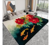Chinese Painting Peony Rug for Nursery Kids Room, Soft Blue Area Rug for Girl Boy Bedroom, Non-Slip Washable Indoor Low-Pile Carpet for Playroom Home Decor, 140x200 cm