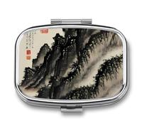 Chinese Painting Pill Box 2 Compartment, Portable Pill Case with Mirror for Pocket Purse Travel, Mini Metal Medicine Organizer for Vitamins Fish Oil
