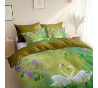 Chinese Painting Style Swan Grass Luxury Duvet Cover, King 230 x 220 cm Reversible Double Duvet Cover Set with Pillowcases, Military Khaki, Hypoallergenic Quilt Cover Bedding, For All Seasons,