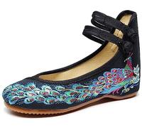 Chinese Peacock Embroidery Flats Shoes for Womens Ladies Slip On Ankle Strap Mary Jane Yoga Dress Shoes Wide Width Cheongsam Walking Sandals(Black,6 UK)