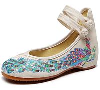 Chinese Peacock Embroidery Flats Shoes for Womens Ladies Slip On Ankle Strap Mary Jane Yoga Dress Shoes Wide Width Cheongsam Walking Sandals(Beige,8 UK)