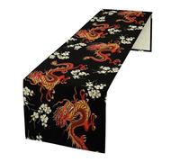 Chinese Red Dragon Table Runner, Japanese Traditional Folk Embroidery Colorful Floral Print Table Runner for Home Kitchen Dining Table Wedding Party Decor, 13x108inch