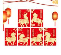 Chinese Red Envelope - 6 Horse Design Envelopes - 2026 Greeting Text Hot Embossing on Paper - for Boy, Girl, Adult, Family, Birthday, Reception,