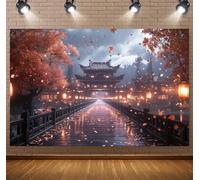 Chinese Red Maple Leaf Pavilion Backdrop: China Photo Backgrounds, Chinese Party Decorations, China backdrop, Chinese Architectural Decoration for Fall Events & Cosplay(D,150x100cm)