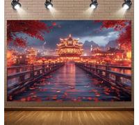 Chinese Red Maple Leaf Pavilion Backdrop: China Photo Backgrounds, Chinese Party Decorations, China backdrop, Chinese Architectural Decoration for Fall Events & Cosplay(B,210x150cm)