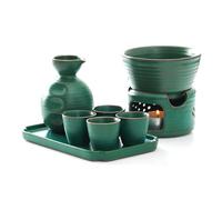 Chinese Retro Style Sake Set with Porcelain Sake Warmer, Hot Saki Drink Kit with Tray, 7 Pieces Include 1 Stove, 1 Warming Bowl, 1 Sake Bottle 4 Cups