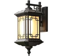 Chinese Retro Waterproof Light Square Metal Box Black 17.3" High Outdoor Courtyard Porch Mission Sconce Japanese-Style Frosted Glass Lantern Panel Staircase Aisle Balcony Garden Wall Lamp
