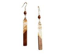 Chinese Retro Wooden Rectangle Long Drop Earrings, Vintage Ink Glaze Gold Foil Geometric Tassel Dangle Earrings, Oriental Minimalist Literary Jewelry for Women