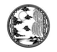Chinese Round Painting with a Tree and Moon Vinyl Art Sticker 42x42cm Tattoo Culture Black