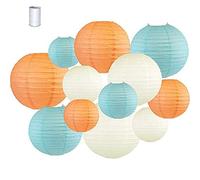 Chinese Round Paper Lanterns, Treer 12pcs Assorted Sizes & Colors Lamp Shades Garland for Festival Wedding Birthday Party Indoor Outdoor Decorative (Peach/Sky bIue)