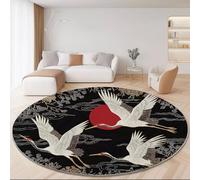 Chinese Round Rug 60 cm, Washable Floral Crane Circle Carpet for Bedside, Black Non-Slip Small Area Rug for Entryway Hallway & Dressing Table, Soft Low Pile Non-Sheddingative Floor Mat for Pet Corner