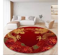 Chinese Round Rug for Bedroom, Red Circle Carpet with Non-Slip Backing, Luxurious Golden Dragon Floor Mat for Under Chair, 90 cm Washable Short Pile Area Rug for Hallway, Static Resistant