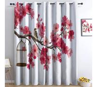 Chinese Sakura Tree Branch Birdcage Blackout Curtains for Bedroom, 54 inch Drop Eyelet Curtains for Living Boys Room, Super Soft Thermal Insulated Window Drapes 2 Panels W46 x L54 Inch, White