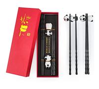 Chinese Set of Sticks, 2 Pairs Bamboo Chopsticks with 2 Panda Stick Holders, Reusable, Non-Slip, Dishwasher Safe, Gift for Panda Lovers (Black)