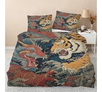 Chinese Single Duvet Cover Sets, Dragon and Tiger Bedding Sets Double-Sided Printing, Soft Microfiber Quilt Cover With Zip Fastening + 1 Pillowcase, 135x200 M6