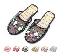 Chinese Slippers for Women, Mesh Bamboo Flats Floral Slippers, Breathable Home Comfort Chinese Style Sandal Womens (Black, Adult, Women, 5.5, Numeric, UK Footwear Size System, Medium)