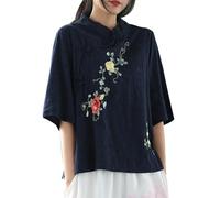 Chinese Stand-Up Collar Button National Large Size Linen Shirt Women's Blouse Long Sleeve Light Blue, navy, 4XL