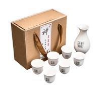 Chinese Style 7 Piece Sake Set, Retro Japanese Style Ceramic Traditional Mug Set with 6 Sake Cups, 1 Pot for Sake, High Quality Gift Box, Best Gift for