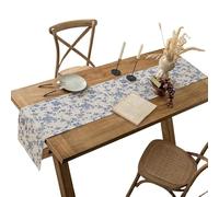 Chinese style blue floral retro table flag, ivory hand woven tassel table decoration, brown striped woven tablecloth. (Blue Rose, 30*300cm)