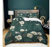 Chinese Style Botanical Magnolia Flower Design Duvet Cover Set King Size Bedding Set Stylish Decor Non-Iron Comforter Cover with 2 Pillowcases Ultra Soft Microfiber Zipper 3 Pcs