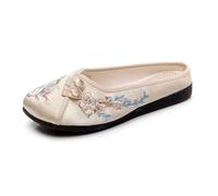 Chinese Style Closed Toe Slippers For Women Ethnic Style Flower Embroidered Flat Mules Elegant Cheongsam Hanfu Shoes Lightweight Comfort Non-Slip Home Slippers(Beige,7 UK)