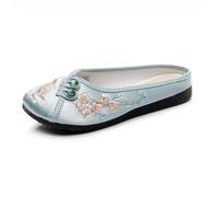 Chinese Style Closed Toe Slippers For Women Ethnic Style Flower Embroidered Flat Mules Elegant Cheongsam Hanfu Shoes Lightweight Comfort Non-Slip Home Slippers(Blue,5.5 UK)