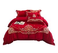 Chinese Style Cotton Satin Embroidery Four-Piece Set of Big Red Wedding Duvet Cover Bedding (Color F Size : (A 2m)