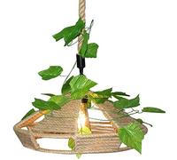 Chinese-Style Creative Handwoven Hollow Hemp Rope Rattan Wicker Lantern Chandeliers Retro Industrial Bedroom Bedside Droplight with Green Leaf E27 Pendant Lamp Kitchen Island Pendant Lights
