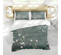 Chinese Style Duvet Cover Vintage White Plum Hummingbird Ink Art Bedding Set 3 Piece Bedroom Decor Rustic Comforter Cover with 2 Pillow Shams Twin
