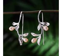 Chinese Style Eardrop Earrings Dew Leaf Sterling Silver Natural Pearl S925 Women's Earrings Design Retrowhite Shellshell Pearls, LJBLEUSK