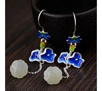 Chinese Style Eardrop S925 Cloistered Silver Earrings Woman Nephrite Burned Lotus Blue Earrings As Shown, LJBLEUSK, blue and money