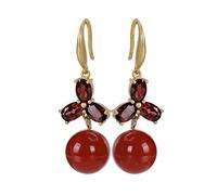 Chinese Style Eardrop S925 Southern Sterling Silver Agate Red Pearl round Personality Single Temperament Woman Inset Gold Plated Earrings As Shown, LJBLEUSK
