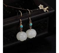 Chinese Style Eardrop S925 Sterling Silver Inscribed Natural Nephrite White Jade Turquoise Earrings Woman Lotus, LJBLEUSK, and turquoise