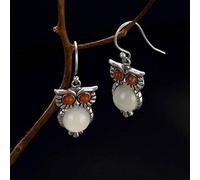 Chinese Style Eardrop S925 Sterling Silver Natural Southern Nephrite Agate Red Owl Retro Matching All Female Earrings As Shown, LJBLEUSK