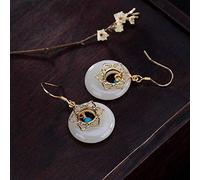 Chinese Style Eardrop S925 Sterling Silver Nephrite Plated Gold White Jade Inlaid Turquoise Earrings Women's As Shown, LJBLEUSK, and turquoise
