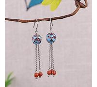 Chinese Style Eardrop S925 Vintage Silver Female Burnt Silver Blue Lotus Bud Gland Thai Silver Mat Earrings South Red Agate Earrings Blue Burnt, LJBLEUSK, Blue, red