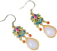 Chinese Style Earrings， S925 Silver and Gold Plated with Natural Jade Drop Enamel Earrings Fengshui Fashion Jade Earring for Women Jade Earring for Women