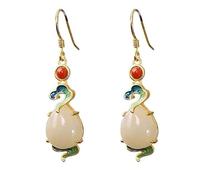 Chinese Style Earrings， S925 Silver and Gold Plated with Natural White Jade Auspicious Clouds Enamel Earrings for Women