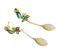 Chinese Style Earrings， S925 Silver and Gold Plated with Natural White Jade Drop Enamel Earrings Fengshui Fashion Jade Earring for Women Jade Earring for Women
