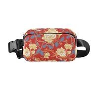 Chinese Style Elegant Flowers Red Cute Waist Bag Fanny Pack for Men Women Water Resistant Sling Chest Bag with Adjustable Strap for Cycling Hiking Gym